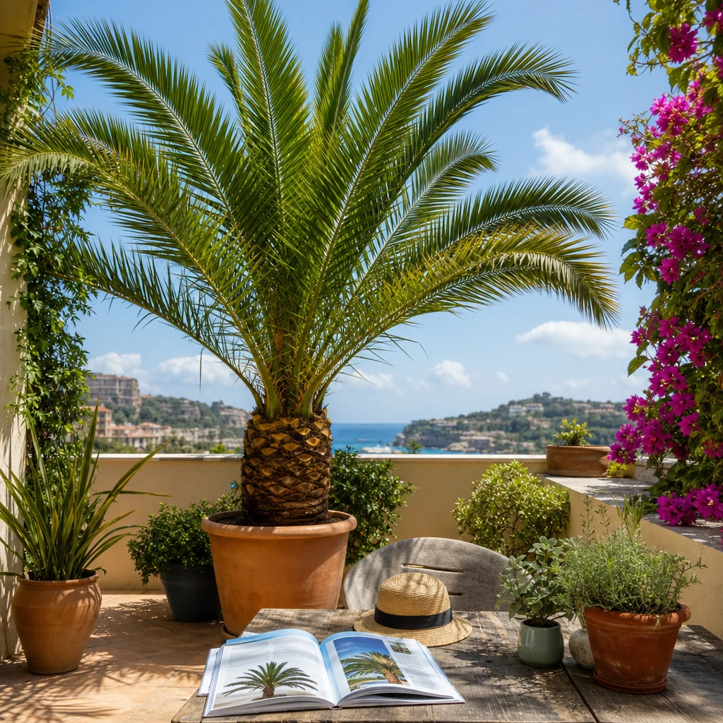 Een goed verzorgde Phoenix canariensis op een zonnig terras met een verzorgingsgids en mediterrane sfeer