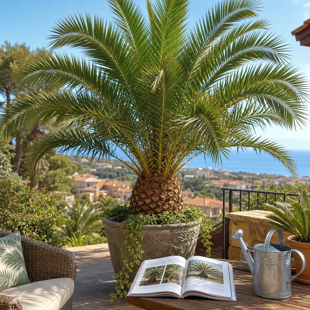 Een weelderige Phoenix canariensis op een terras met verzorgingsgids en zomerse uitstraling