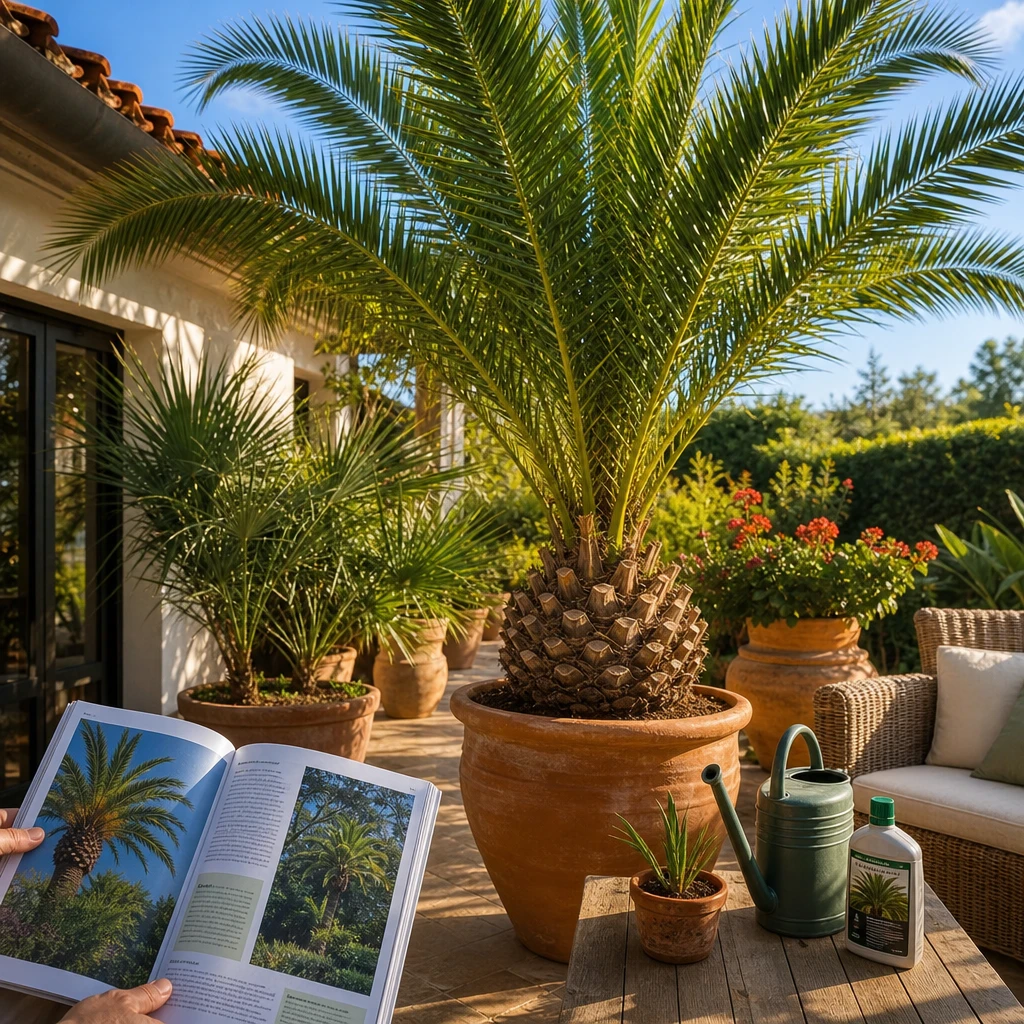 Een goed verzorgde Phoenix canariensis op een zonnig terras met een verzorgingsgids en mediterrane sfeer