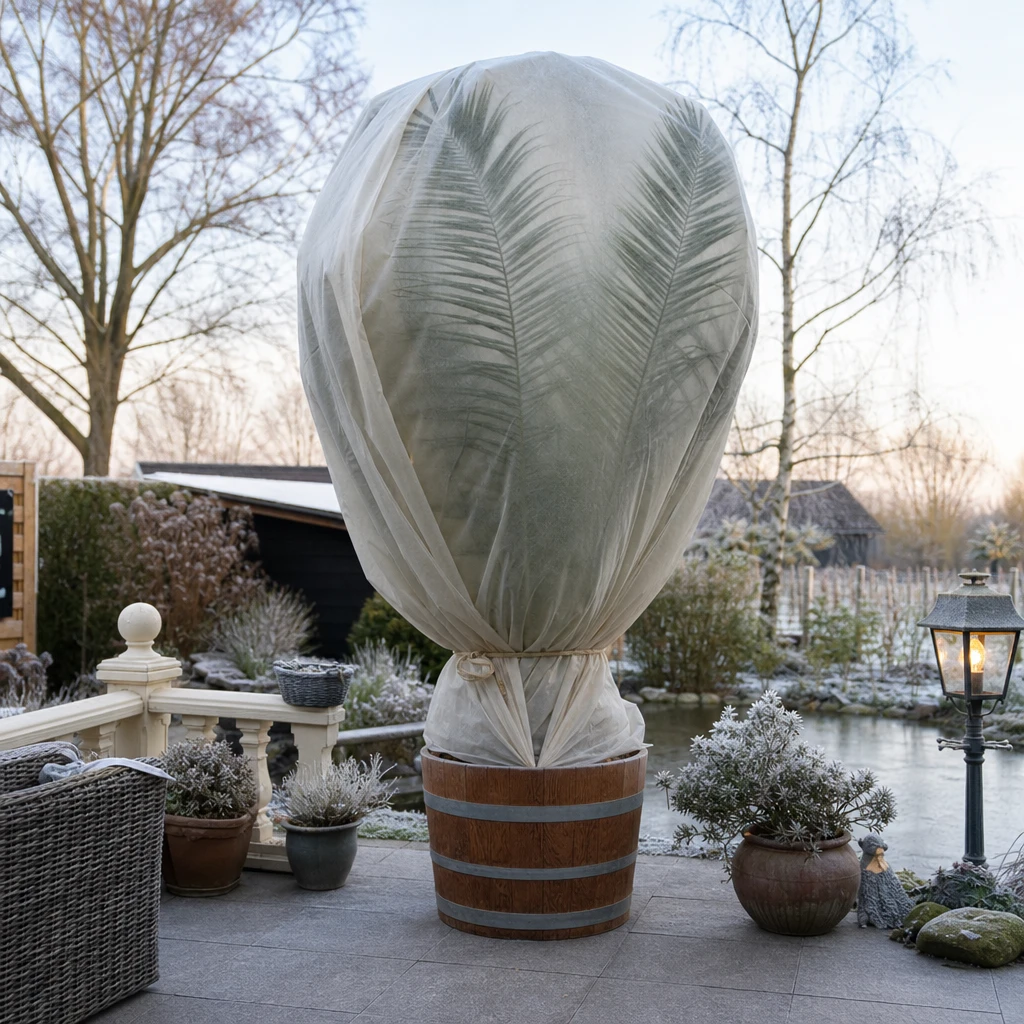 Een Phoenix canariensis met vliesdoek beschermd tegen vorst op een terras