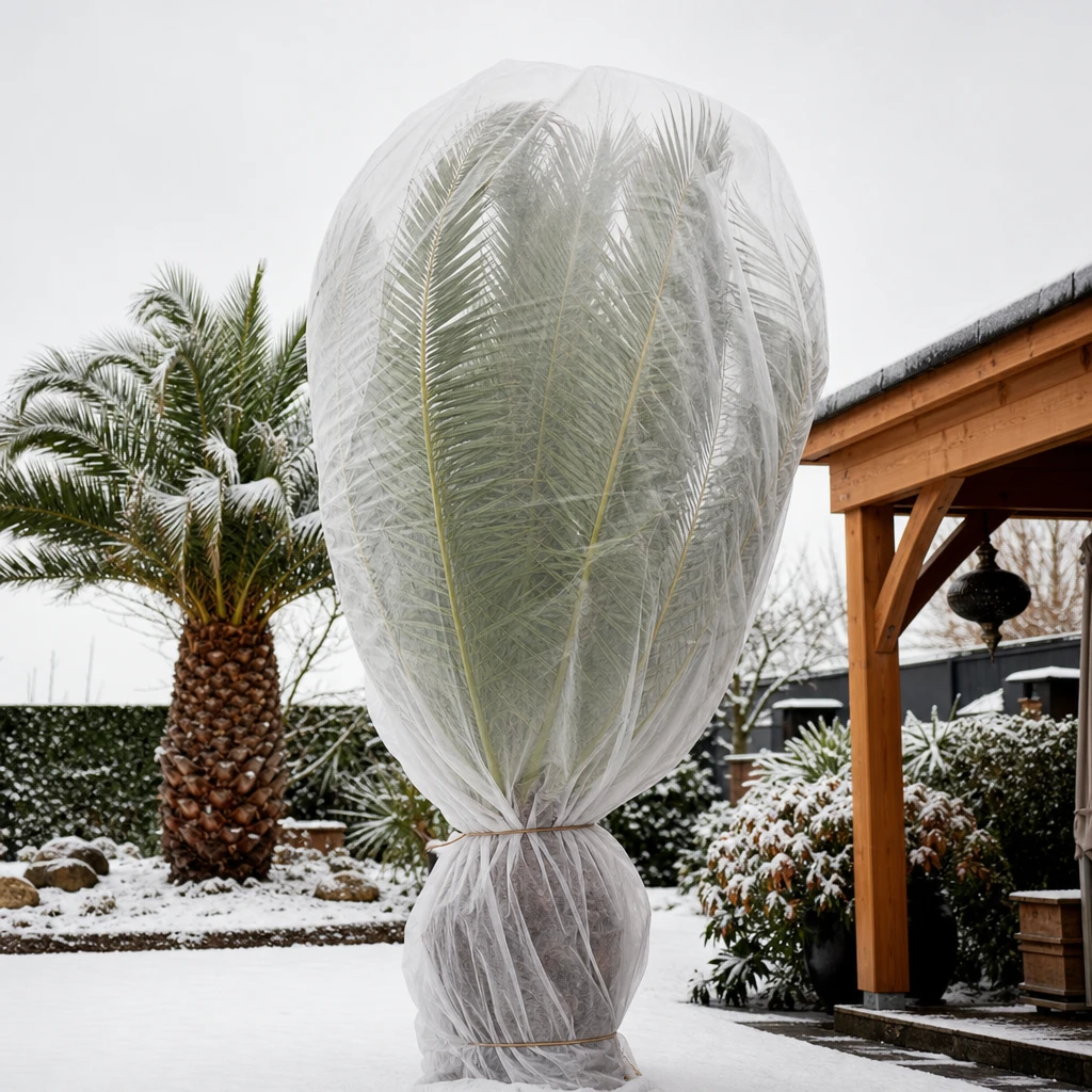 Een Phoenix canariensis palm beschermd met vliesdoek in een wintertuin