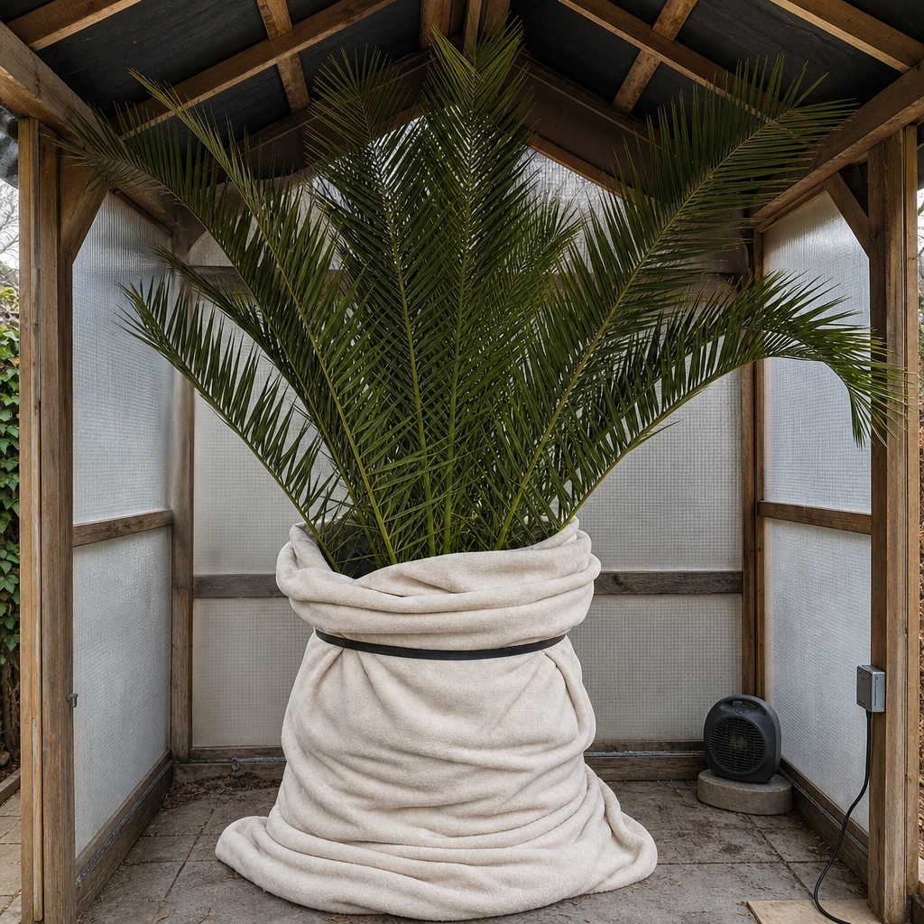 Een Phoenix canariensis beschermd met vliesdoek in een lichte, vorstvrije overwinteringsruimte