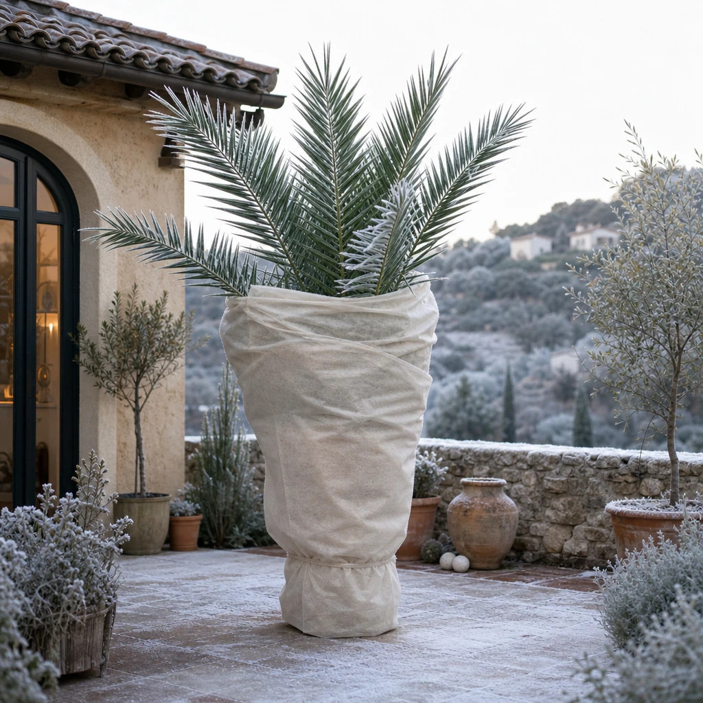 Een beschermde Phoenix canariensis palm op een winters terras met vliesdoek en subtiele mediterrane details