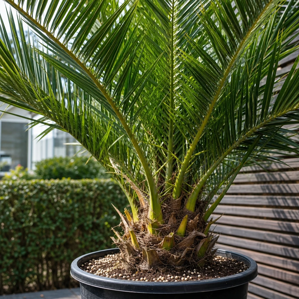 Een Phoenix canariensis palm met diepgroene bladeren en een handvol rietcelbacteriekorrels op de aarde, die zorgen voor optimale voeding