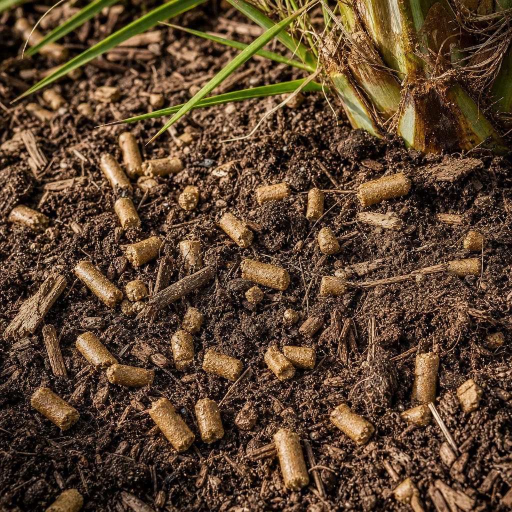 Phoenix canariensis met rietcelbacteriekorrels op de potgrond voor jaarrond voeding en optimale vakantiesfeer