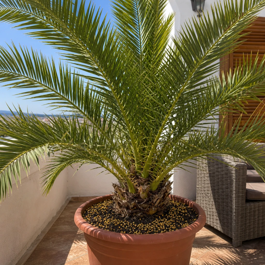 Een stralende Phoenix canariensis op een terras, met rietcelbacteriekorrels op de aarde voor het hele jaar door topvoeding en vakantiesfeer