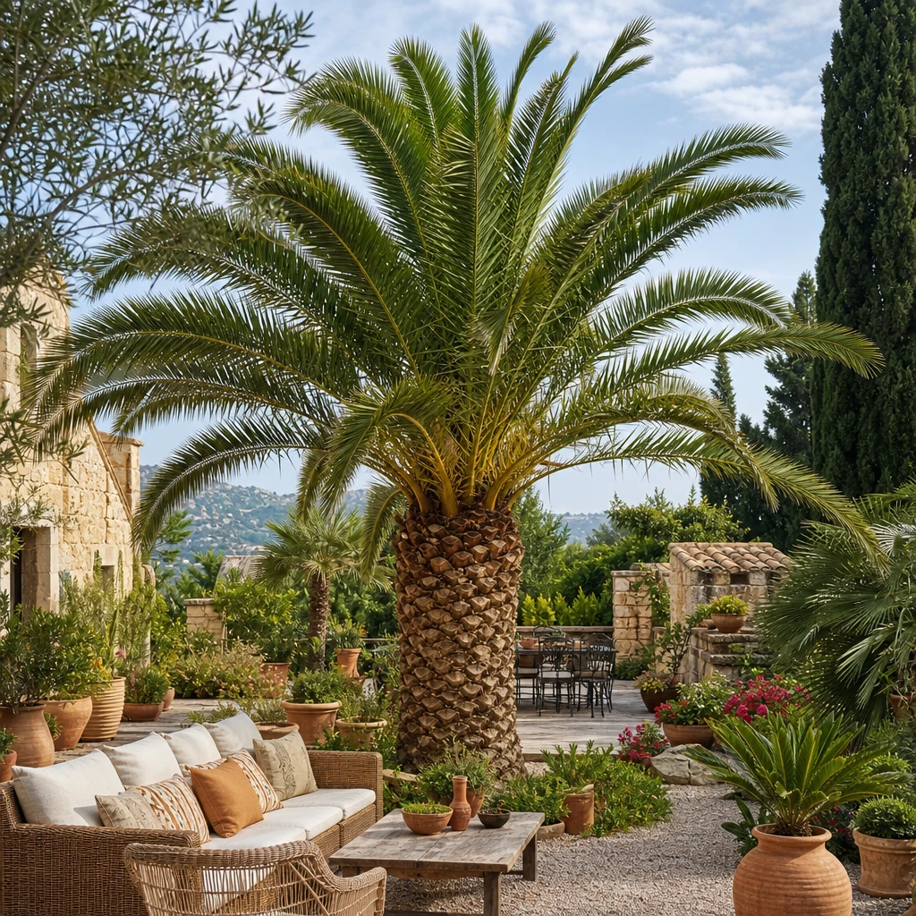 Een inspirerende tuin met een prachtige Phoenix canariensis als middelpunt, omringd door mediterrane planten en een gezellige zithoek