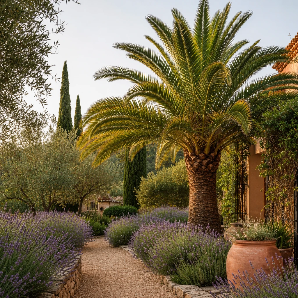 Een stralende Phoenix canariensis omringd door lavendel en mediterrane planten in een zonnige tuin