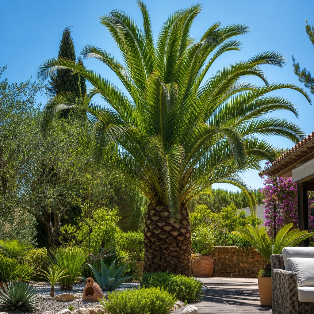 Een inspirerende tuin met een stralende Phoenix canariensis als middelpunt, omringd door mediterrane beplanting