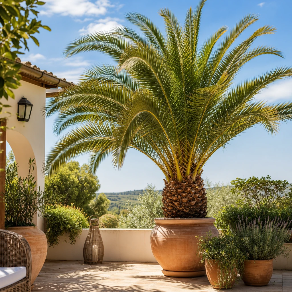Een Phoenix canariensis op een terras met inspirerende tuinideeën en mediterrane sfeer
