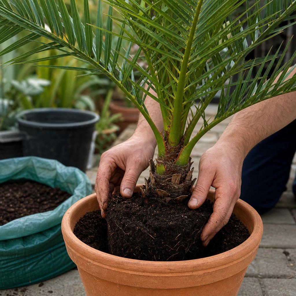 Jonge Phoenix canariensis wordt uitgeplant in een terracotta pot met verse potgrond voor een mediterrane start