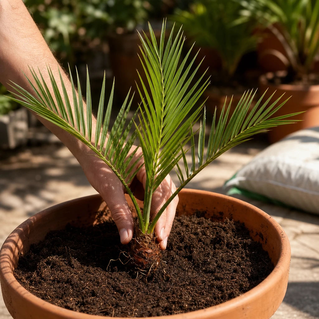 Een jonge Phoenix canariensis zaailing wordt met zorg geplant in een terracotta pot, het begin van een mediterrane oase