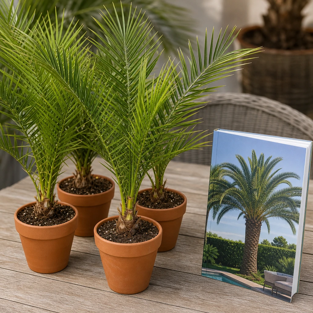 Jonge Phoenix canariensis wordt met zorg uitgeplant in een terracotta pot, met een uitplantgids ernaast voor een perfecte mediterrane start