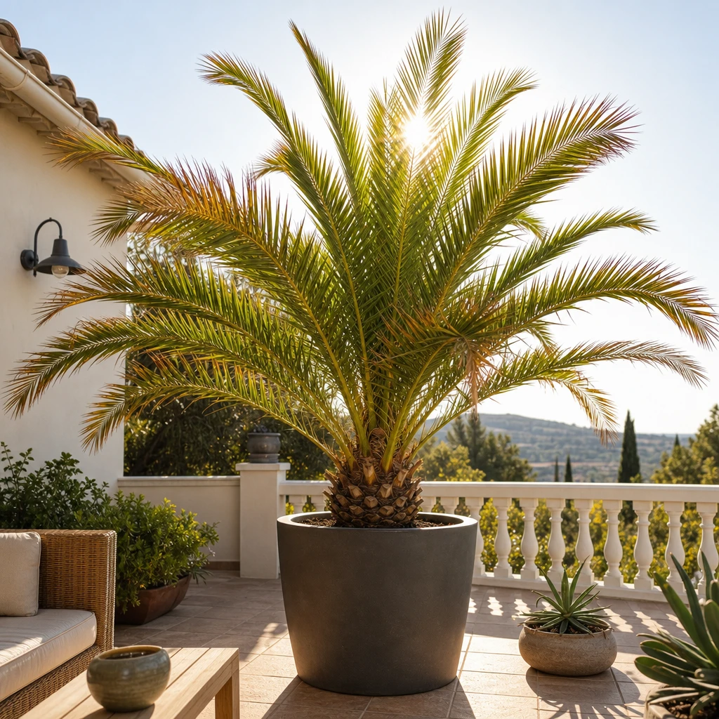 Een Phoenix canariensis met bruine bladpunten, wachtend op herstel