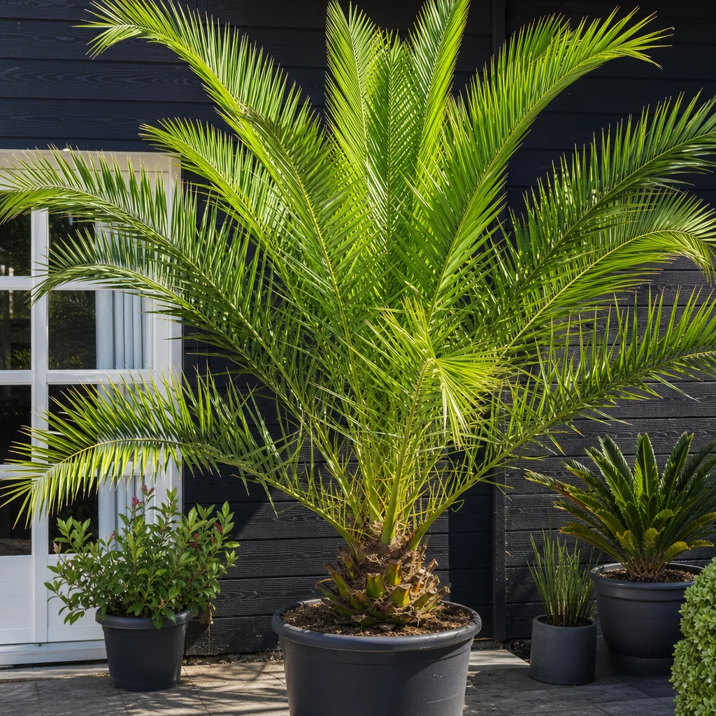 Een herstelde Phoenix canariensis die weer stralend groen is en de vakantiesfeer uitstraalt
