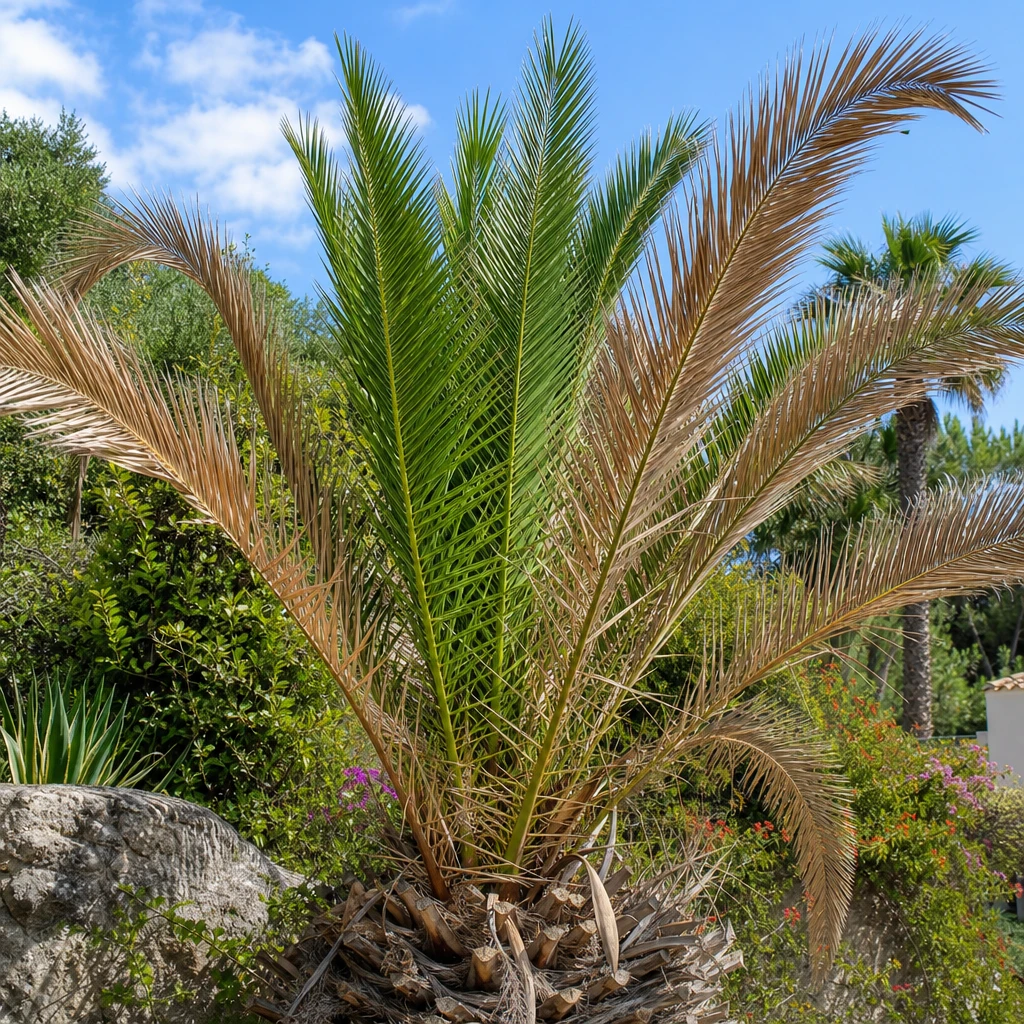 Herstellende Phoenix canariensis met bruine bladpunten en nieuwe groene scheuten