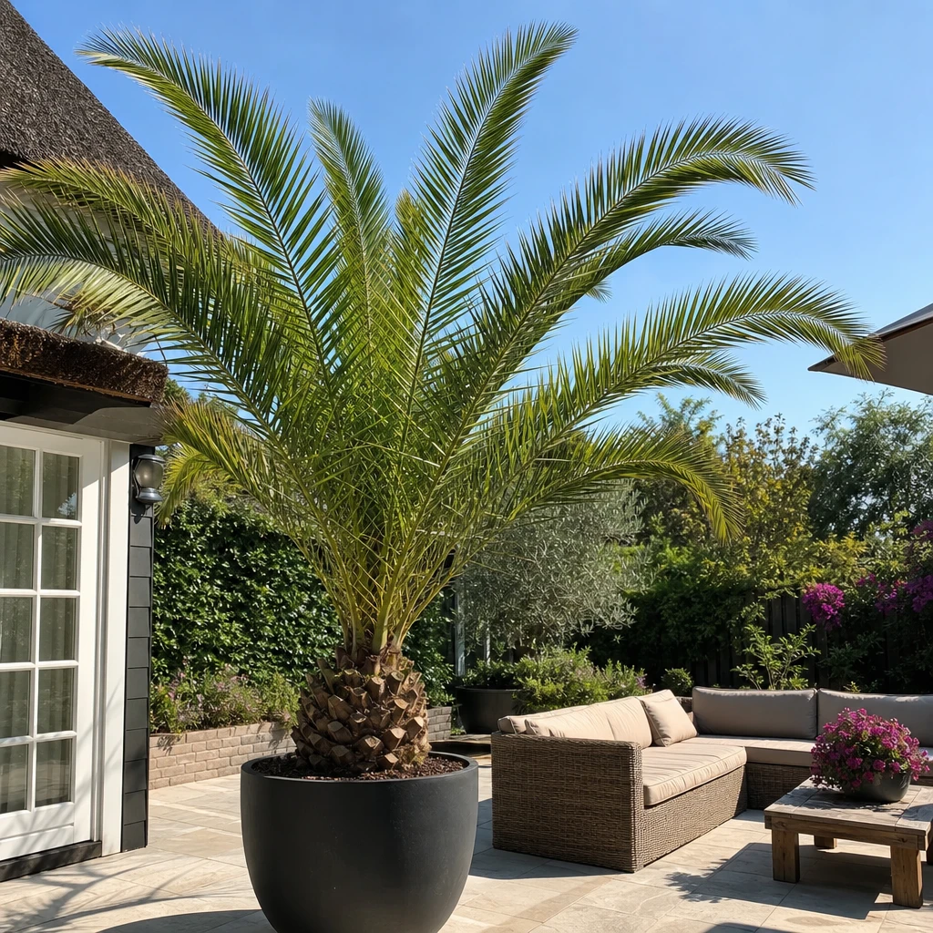 Een volgroeide Phoenix canariensis op een terras met zuiderse uitstraling