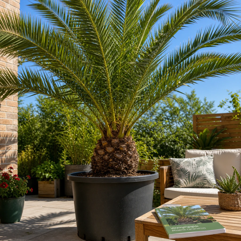 Een stralende Phoenix canariensis als middelpunt van een terras met zuiderse uitstraling en een gids