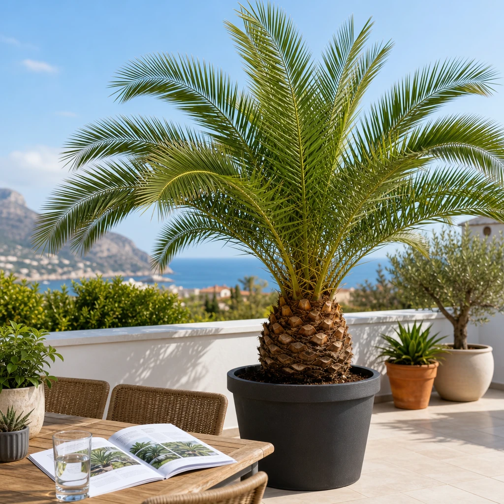 Een gezonde Phoenix canariensis op een terras met een verzorgingsgids ernaast