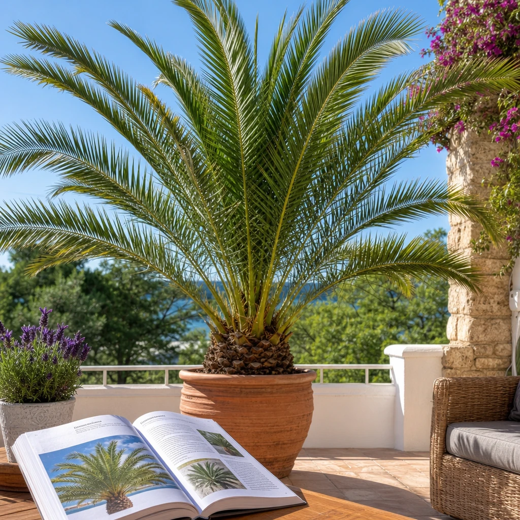 Een stralende Phoenix canariensis op een terras met een gids voor de ultieme vakantiesfeer