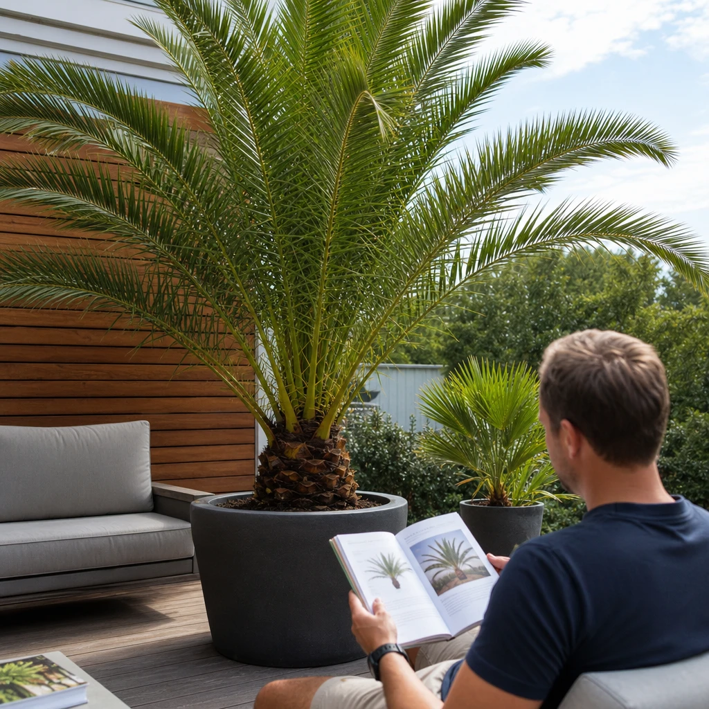 Een goed verzorgde Phoenix canariensis op een terras met een verzorgingsgids die de mediterrane sfeer uitstraalt